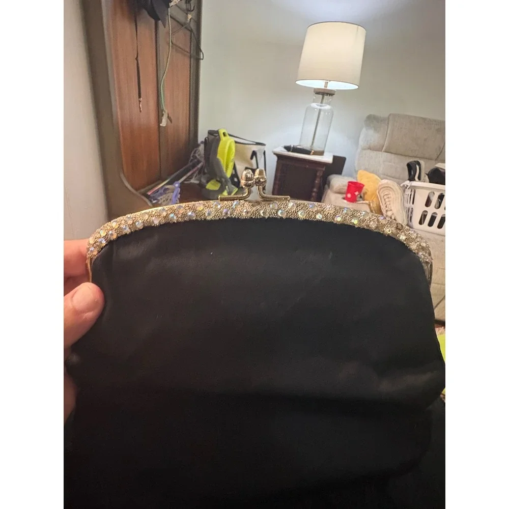 Vintage Ingber Black Satin Evening Clutch Rhinestone Gold Frame Made in USA